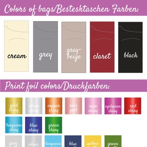 May include: A chart showing the color options for silverware holder bags and the print foil colors available. The bag colors are cream, grey, grey-beige, claret, and black. The print foil colors include gold, silver, copper, rose gold, rosa, cyclamen, red, turquoise, blue, green, grey, silver, turquoise, blue, yellow, and green.