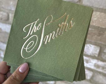 Personalized Olive Green Napkins, Gold Foil Wedding Napkins, Luxury Cocktail Napkins, Custom Wedding Monogram, Linen Feel