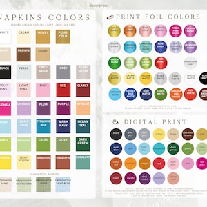 Peut inclure: Un nuancier pour serviettes et options d'impression. La section de gauche affiche diverses couleurs de serviettes sous forme de carr&eacute;s. La section en haut &agrave; droite montre des couleurs d'impression &agrave; chaud circulaires et en bas &agrave; droite des couleurs d'impression num&eacute;rique.