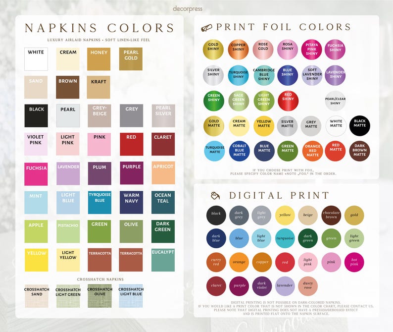 Peut inclure: Un nuancier pour serviettes et options d'impression. La section de gauche affiche diverses couleurs de serviettes sous forme de carr&eacute;s. La section en haut &agrave; droite montre des couleurs d'impression &agrave; chaud circulaires et en bas &agrave; droite des couleurs d'impression num&eacute;rique.
