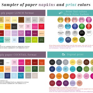 Pu&ograve; includere: Una cartella colori per tovaglioli di carta in due formati, pranzo e cocktail. La cartella mostra una variet&agrave; di colori in opzioni di stampa a foglia e digitali. La cartella include il testo "Campionario di tovaglioli di carta e colori di stampa".