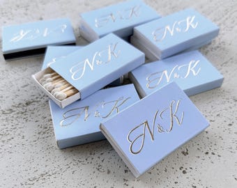 Blue Wedding Matchboxes, Personalized Matches, Custom Gold Foil Matches, Monogram Matchboxes, Elegant Wedding Favors
