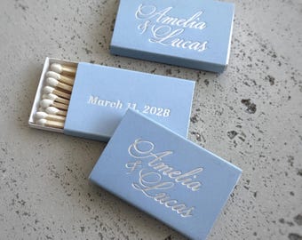 Light blue Personalized Wedding Matches Favors, Gold Foil Initials Matchboxes, Custom Names Date, Elegant Table Decor Matches