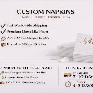 Peut inclure: Une pile de serviettes carr&eacute;es blanches avec un monogramme en lettre M cursive dor&eacute;e. Le texte sur l'image indique CUSTOM NAPKINS, MADE IN EUROPE, TRUSTED IN USA, Fast Worldwide Shipping, Premium Linen-Like Paper, 95% of Orders Shipped to USA, Trusted by 5,000+ US Brides, APPROVE YOUR DESIGN IN 24H, We Design, We Print, We Ship, Luxury Linen-Like Paper, Soft, Thick, Premium Quality, DELIVERY TO USA, STANDARD 7-10 DAYS, RUSH 3-5 DAYS.
