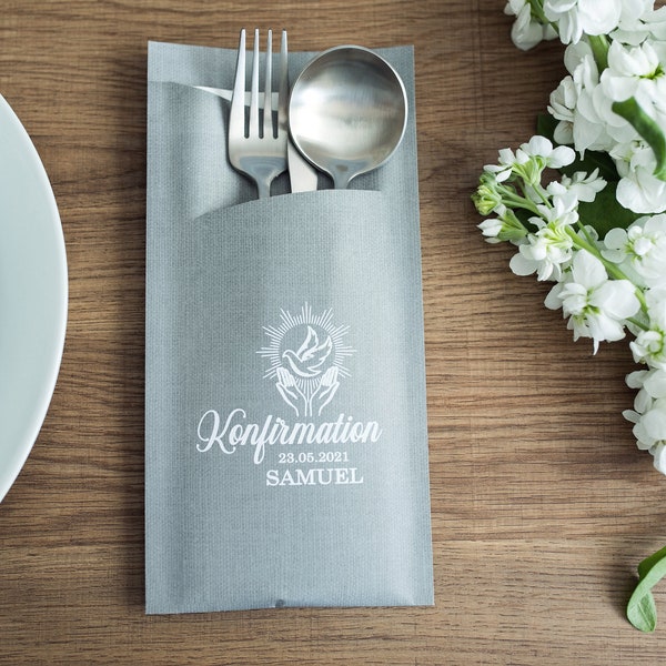 10x Personalized Silverware Holder Bags, included soft linen napkins, Communion, Table decoration, Konfirmation, Wedding, Baptism