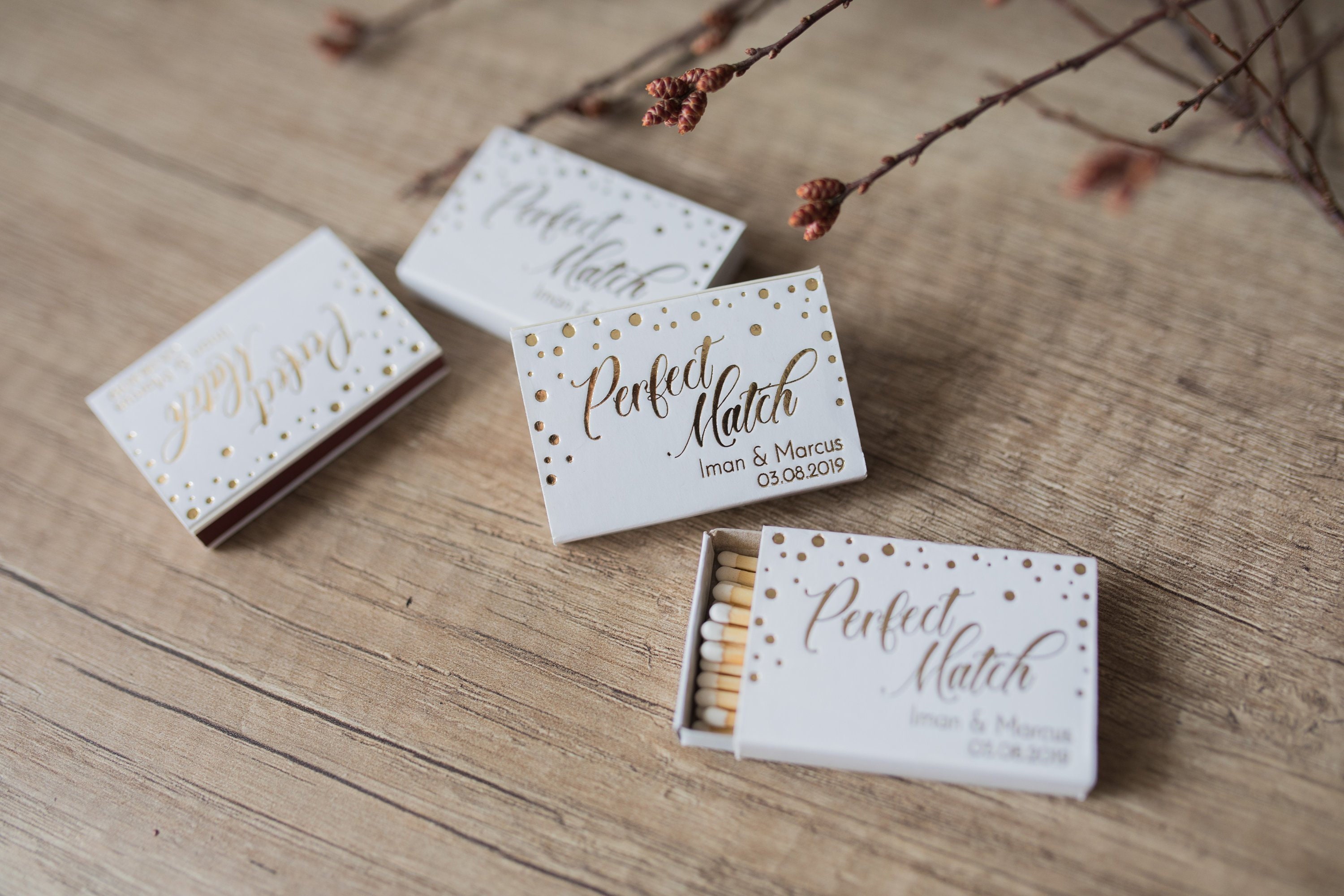 Foiled wedding matchboxes, Gold Foil Matches, Personalized matches, wedding matches, Let love sparkle, The perfect match