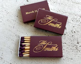 Fiammiferi bordeaux, fiammiferi per decorazioni da tavola per matrimoni, scatole di fiammiferi personalizzate con nome, dettagli eleganti per il ricevimento, idea per bomboniere