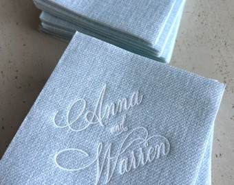 Custom Name Light Blue Crosshatch Wedding Napkins, Personalized Cocktail Napkins, Gold Foil Names, Elegant Reception Decor, Linen Feel