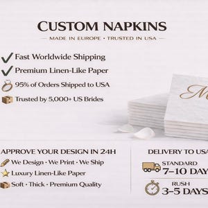 Op de afbeelding: Een stapel witte vierkante servetten met een gouden cursieve letter M als monogram. De tekst op de afbeelding luidt CUSTOM NAPKINS, MADE IN EUROPE, TRUSTED IN USA, Fast Worldwide Shipping, Premium Linen-Like Paper, 95% of Orders Shipped to USA, Trusted by 5,000+ US Brides, APPROVE YOUR DESIGN IN 24H, We Design, We Print, We Ship, Luxury Linen-Like Paper, Soft, Thick, Premium Quality, DELIVERY TO USA, STANDARD 7-10 DAYS, RUSH 3-5 DAYS.