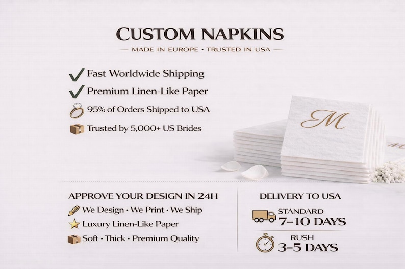 Op de afbeelding: Een stapel witte vierkante servetten met een gouden cursieve letter M als monogram. De tekst op de afbeelding luidt CUSTOM NAPKINS, MADE IN EUROPE, TRUSTED IN USA, Fast Worldwide Shipping, Premium Linen-Like Paper, 95% of Orders Shipped to USA, Trusted by 5,000+ US Brides, APPROVE YOUR DESIGN IN 24H, We Design, We Print, We Ship, Luxury Linen-Like Paper, Soft, Thick, Premium Quality, DELIVERY TO USA, STANDARD 7-10 DAYS, RUSH 3-5 DAYS.