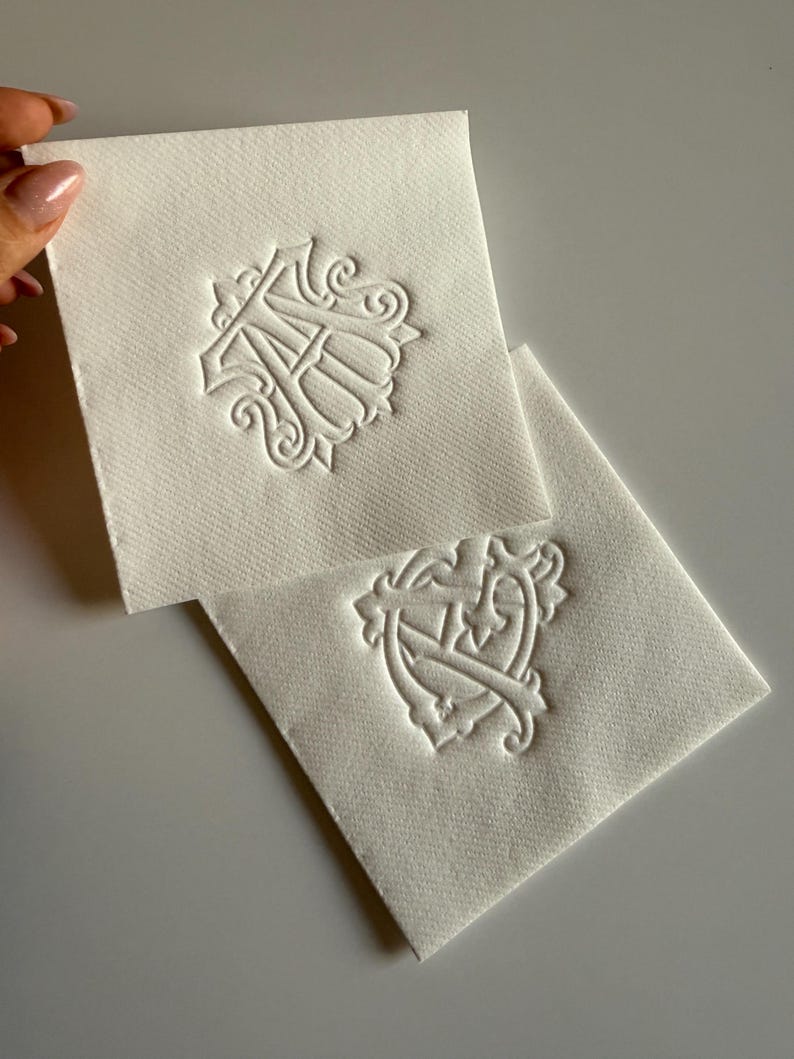 Personalized Cocktail Napkins Wedding, Embossed Monogram Napkins, Custom Wedding Napkins, Soft Linen Like Napkins, Interlocking Monogram image 18