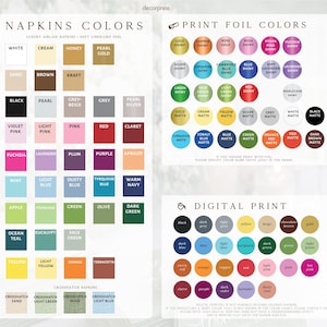 以下が含まれることがあります： ナプキンと印刷オプションのカラーチャートで、「Napkins Colors」、「Print Foil Colors」、「Digital Print」の3つのセクションで構成されています。各色合いのラベルが付いた多数の正方形および円形のカラー見本が表示されており、カスタマイズ用のメタリック、マット、デジタルインクのオプションが含まれています。