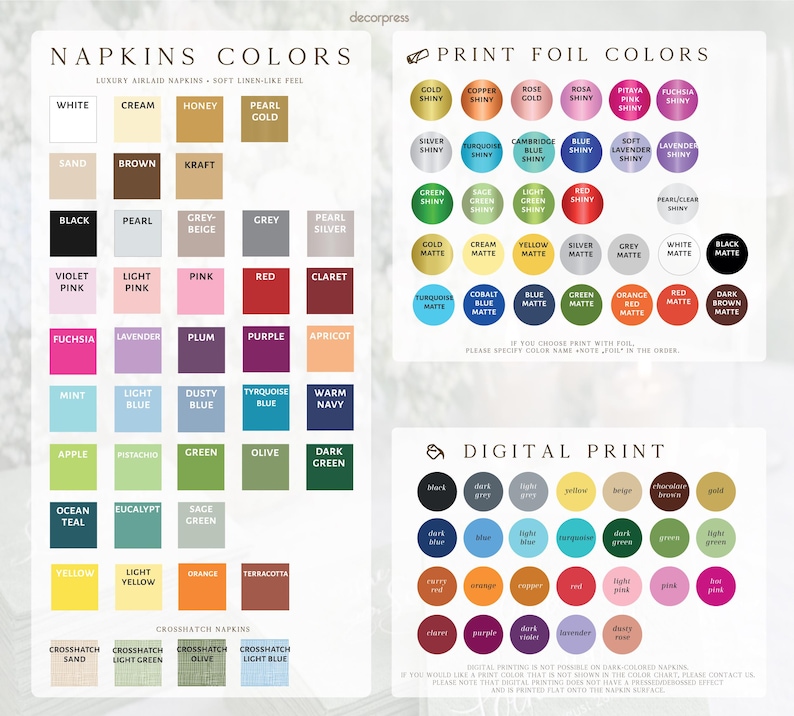 以下が含まれることがあります： ナプキンと印刷オプションのカラーチャートで、「Napkins Colors」、「Print Foil Colors」、「Digital Print」の3つのセクションで構成されています。各色合いのラベルが付いた多数の正方形および円形のカラー見本が表示されており、カスタマイズ用のメタリック、マット、デジタルインクのオプションが含まれています。