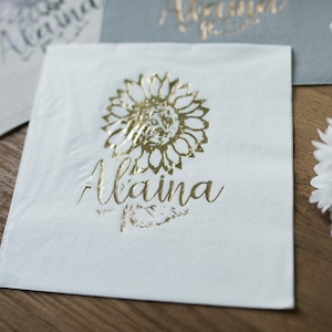Custom sunflower napkins with name, Gold foil, Custom Napkins, Wedding Napkins, Birthday Napkins, cocktail napkins, Beverage Napkins