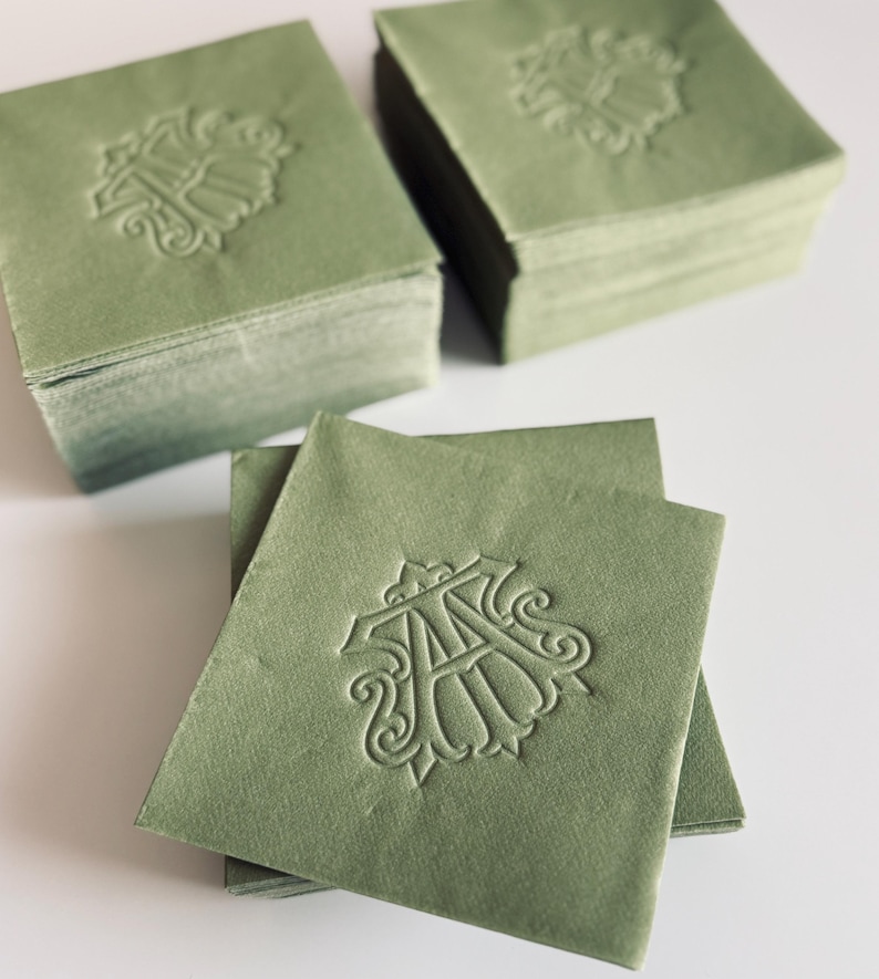 Personalized Cocktail Napkins Wedding, Embossed Monogram Napkins, Custom Wedding Napkins, Soft Linen Like Napkins, Interlocking Monogram image 16