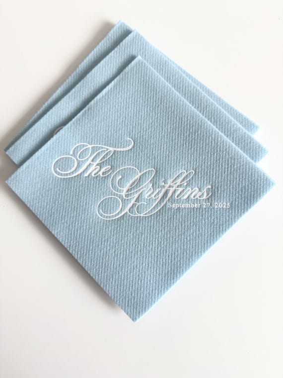 Light blue cocktail napkins, Napkins wedding, soft linen like, Gold foil napkins, airlaid Custom wedding Napkins, Napkins for wedding,