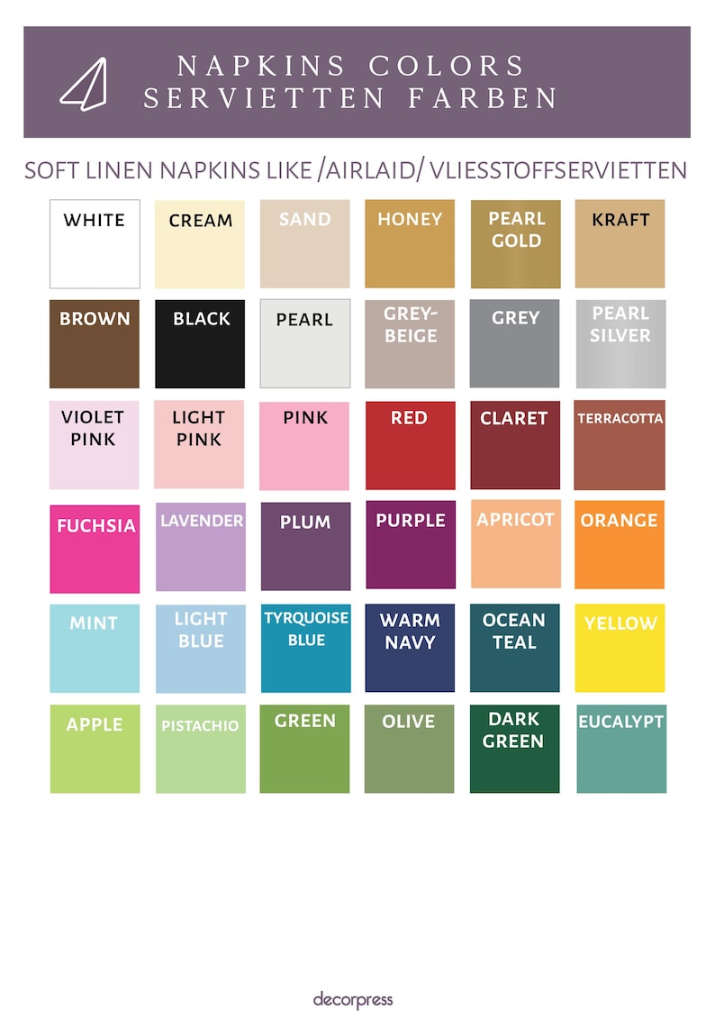 May include: A color chart for soft linen napkins, featuring a variety of hues. The chart includes colors like white, cream, sand, honey, pearl gold, kraft, brown, black, pearl, grey-beige, grey, pearl silver, violet pink, light pink, pink, red, claret, terracotta, fuchsia, lavender, plum, purple, apricot, orange, mint, light blue, turquoise blue, warm navy, ocean teal, yellow, apple, pistachio, green, olive, dark green, and eucalypt.