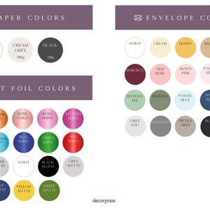 May include: A chart showing paper and envelope colors for invitations and stationery. The paper colors are white, cream grey, and black. The envelope colors include white, cream, honey, kraft, port wine, bordeaux, old rose, dusty pink, pastel pink, pastel green, matcha tea, sequoia, pastel blue, dark blue, navy blue, grey fog, anthracite, pietra grey, and black.