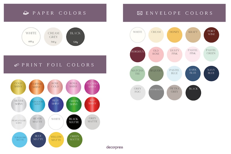 May include: A chart showing paper and envelope colors for invitations and stationery. The paper colors are white, cream grey, and black. The envelope colors include white, cream, honey, kraft, port wine, bordeaux, old rose, dusty pink, pastel pink, pastel green, matcha tea, sequoia, pastel blue, dark blue, navy blue, grey fog, anthracite, pietra grey, and black.