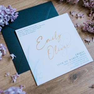 Invitation Cards, Wedding Invitations with minimalist design, invitation uniqe design, rosé gold foil, letterpress, gold foil, real foil