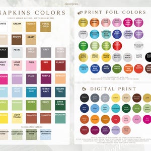 Op de afbeelding: Een kleurenkaart voor servetten met drie secties: Napkins Colors, Print Foil Colors en Digital Print. De kaart toont diverse vierkante en ronde kleurstalen met labels waaronder wit, zwart, rood, blauw, goud en zilver.