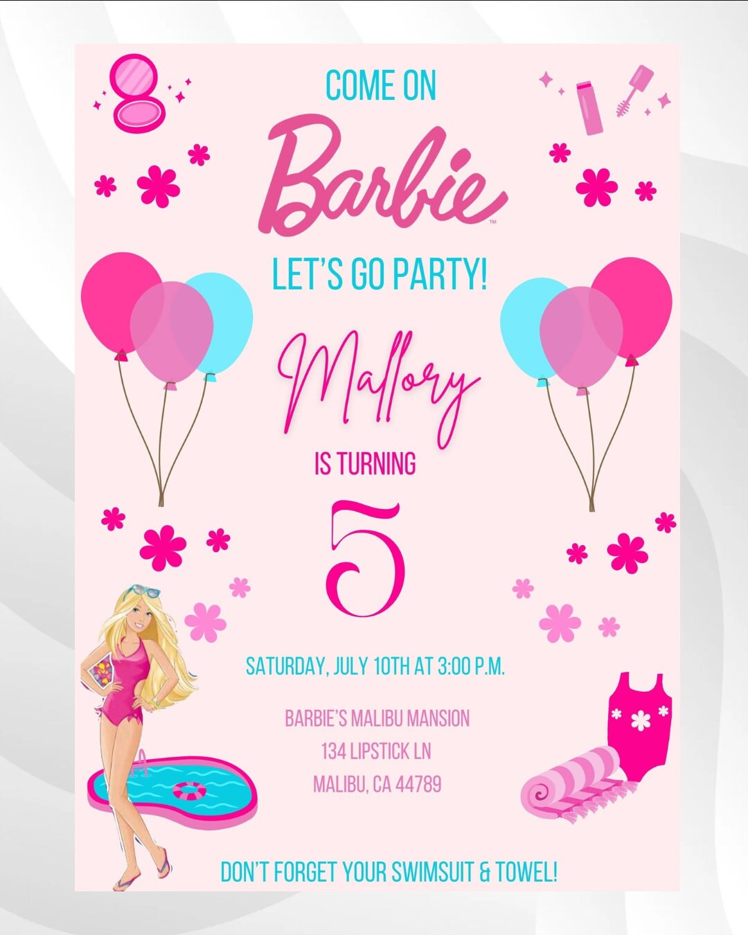 Customizeable Barbie Birthday Invitation Pool Party