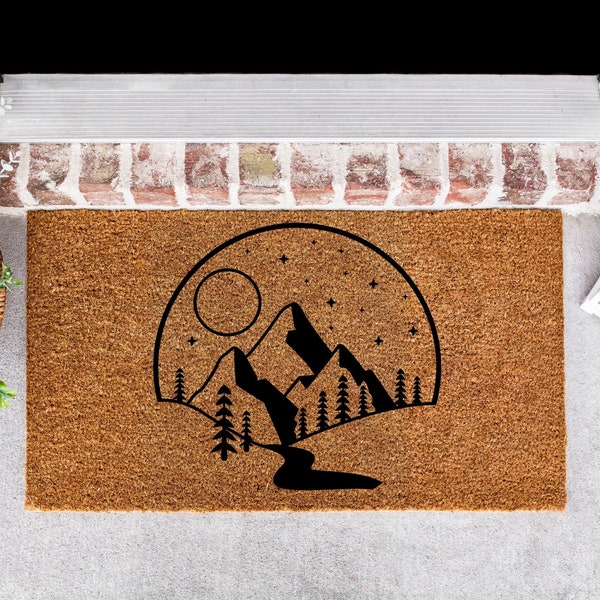 Mountains and Moon Doormat, Handmade Doormat, Custom Doormat, Custom Welcome Mat, Mountains Mat, Mountain Welcome Mat, Housewarming Gifts