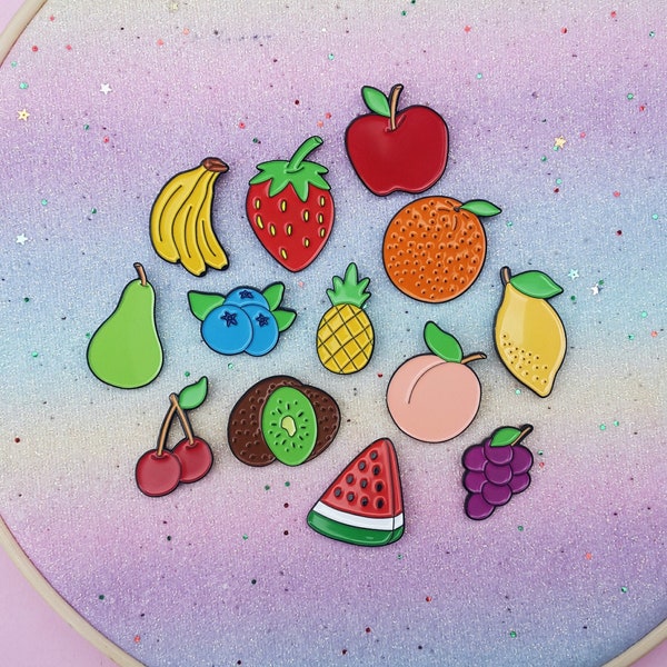 Fruit Enamel Pins - Peach Pin, Watermelon Pin, Cherry Pin, Strawberry Pin, Banana Pin, Pineapple Pin, Lapel Pin, Vegan Enamel Pins