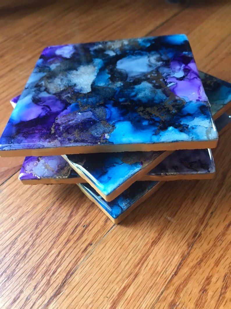 Tile Coaster Set Alcohol Ink Resin Coated Etsy
