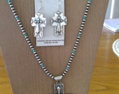 Native American SS Navajo Pearls , Cross Pendant And Matching Earrings Set