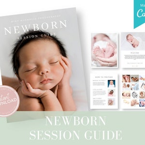 May include: A guide for newborn photography sessions with a photo of a sleeping baby on the cover. The guide includes information on how to prepare for the session and what to expect. The guide is available as an instant download.