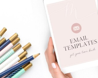 May include: A white tablet with a pink background and the text "EMAIL TEMPLATES get your time back". The tablet is being held by a hand. There is a white envelope icon in a pink circle on the tablet.