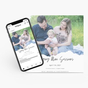 Puede incluir: Un anuncio digital para mini sesiones de fotos de primavera. El anuncio presenta a una familia de tres, una pareja y su bebé, sentados en una manta en un campo de hierba. El texto del anuncio dice "Spring Mini Sessions" y "April 11th, 2021". El anuncio también incluye el texto "15 minute session | 5 digital images" y "MINT MAGNOLIA PHOTOGRAPHY".