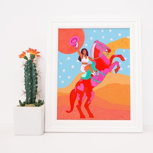 Cowgirl Desert Art Print, Western Horse Illustration
