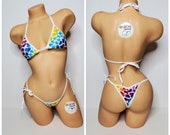 Multicolored Hearts on White with White Trim Medium Coverage Top Scrunch Butt 2 Piece Micro String Bikini Set One Size