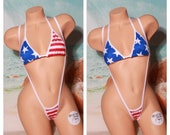 Stars and Stripes with White Trim Medium Coverage Top Medium Coverage Front Y Thong Slingshot Back 2 Piece Micro Bikini Set