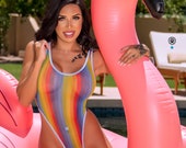 Rainbow Vertical Striped Sheer Mesh with Baby Blue Trim VERY SHEER 1 Piece Bodysuit One Size SMALL