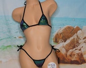 Geometric Pattern Iridescent Mermaid Multicolor w Black Trim Micro Cov Top Med Cov Front Scrunch Butt 2 Piece String Bikini Set One Size
