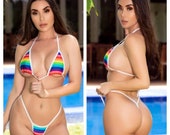 Rainbow Striped with White Trim Medium Coverage Top Medium Coverage Front Y Back Thong Bottom 2 Piece Micro Bikini Set