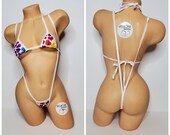 Multicolored Hearts on White w White Trim Micro Coverage Top Y Thong Slingshot Back 2 Piece Micro Bikini Set
