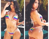 Rainbow Striped with White Trim Full Coverage Top Full Coverage Scrunch Butt 2 Piece Micro String Bikini Set One Size