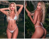 Pink Silver Holographic Snake Skin Pattern w Lavender Trim Med Cov Top Med Cov Front Y Back Thong 2 Piece Micro String Bikini Set 1 Size