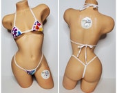 Multicolored Hearts on White with White Trim Micro Coverage Top Y Back Thong 2 Piece Bikini Set