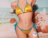 Yellow with Aqua Trim Full Coverage Top Full Coverage Scrunch Butt Bottom 2 Piece Micro String Bikini Set One Size