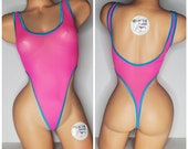 Hot Pink Mesh with Your Choice Trim Color VERY SHEER 1 Piece Bodysuit One Size SMALL