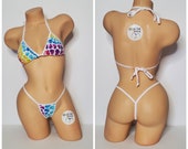 Multicolored Hearts on White with White Trim Medium Coverage Top Y Back Thong 2 Piece Bikini Set