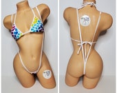 Multicolored Hearts on White w White Trim Medium Coverage Top Y Thong Slingshot Back 2 Piece Micro Bikini Set