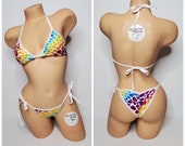 Multicolored Hearts on White w White Trim Full Coverage Top Full Coverage Scrunch Butt Bottoms 2 Piece String Bikini Set One Size