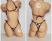 Brown and White Cow Print w Your Choice Trim Color Micro Coverage Top Scrunch Butt Bottoms 2 Piece Micro String Bikini Set One Size