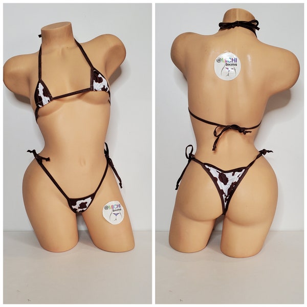 Brown and White Cow Print w Your Choice Trim Color Micro Coverage Top Scrunch Butt Bottoms 2 Piece Micro String Bikini Set One Size